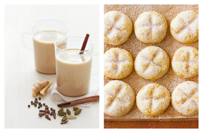 Nomad Luxuries a side by side food photo of a creamy chai tea latte and tangerine butter cookies. 