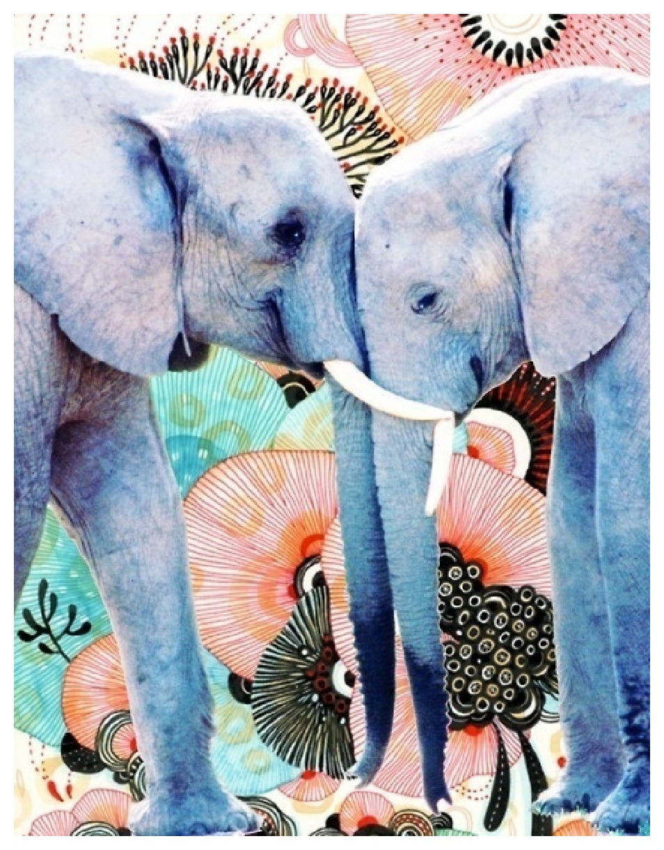 A psychedelic illustration of two cuddling elephants with pastel hues.
