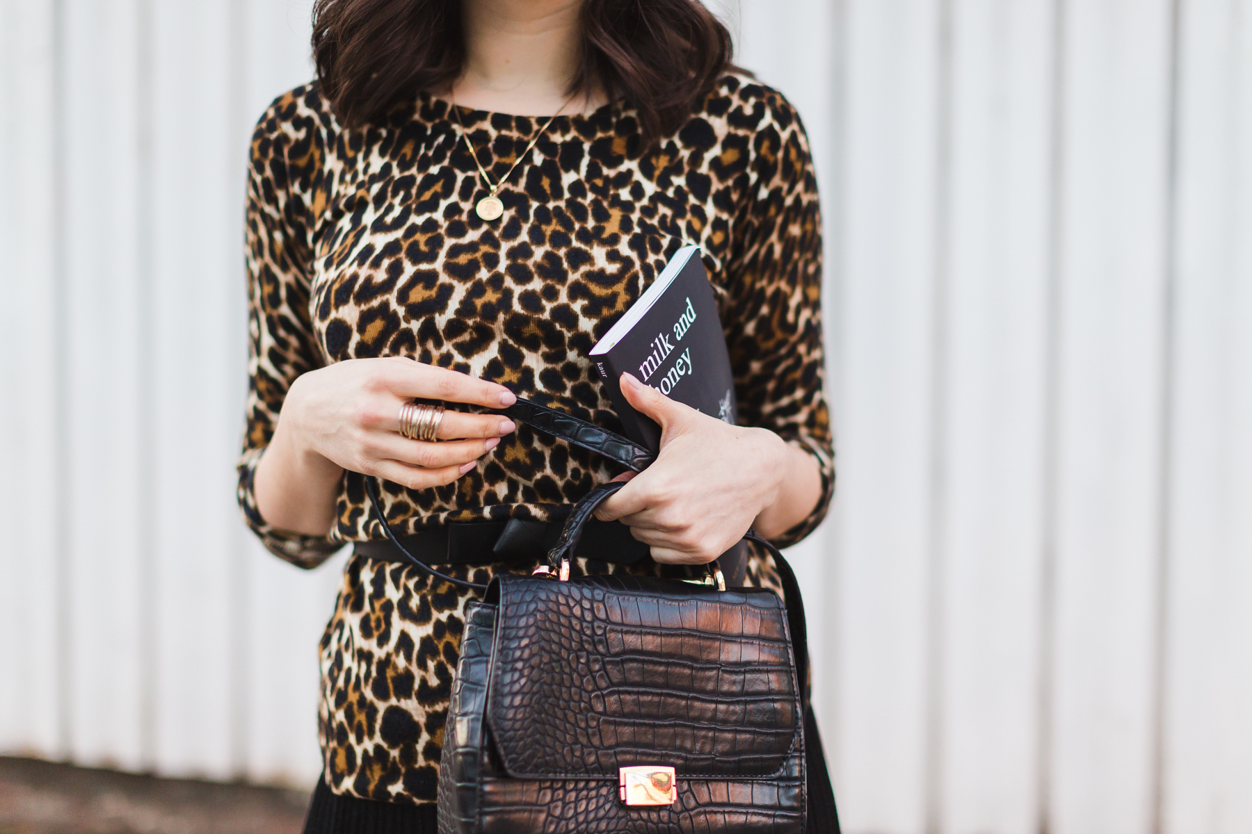 Yana Frigelis of NoMad Luxuries wearing a leopard sweater from Jcrew and a midi length skirt from mango for a classic look