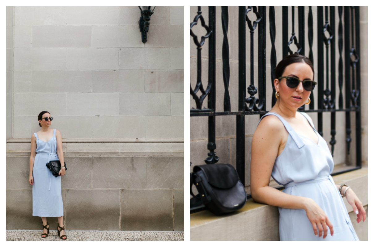 Yana Frigelis of NoMad Luxuries wearing a powder blue topshop dress and olive green suede sandals to an end of summer wedding 