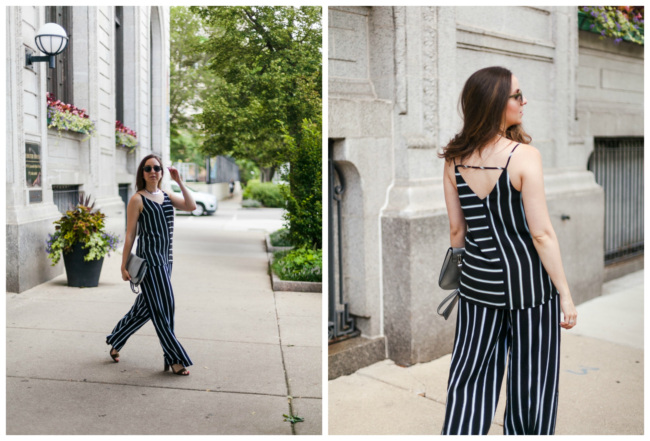 Yana Frigelis of NoMad Luxuries wearing a striped coord set transitioning into fall wardrobe 