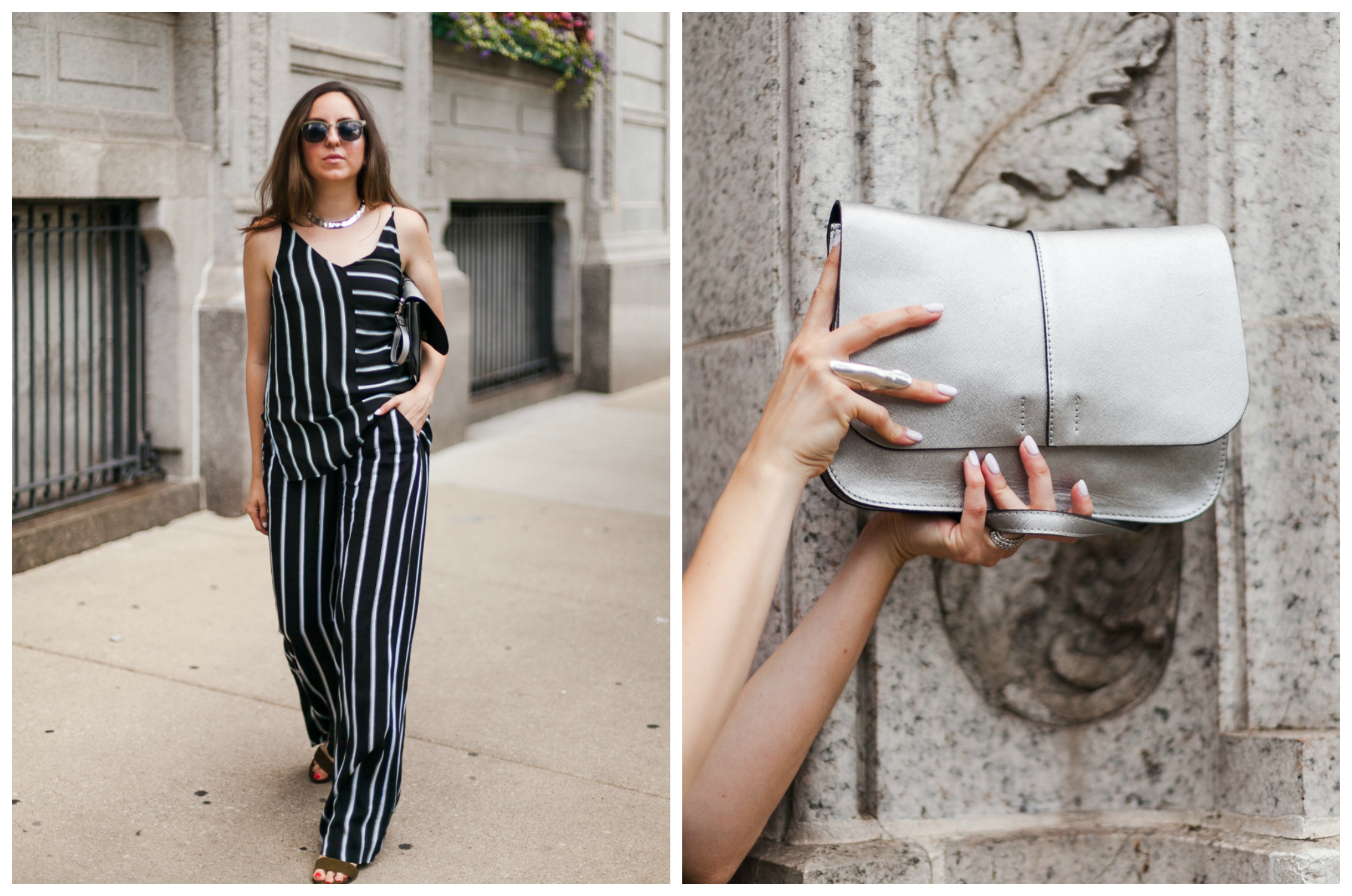 Yana Frigelis of NoMad Luxuries wearing a striped coord set transitioning into fall wardrobe 