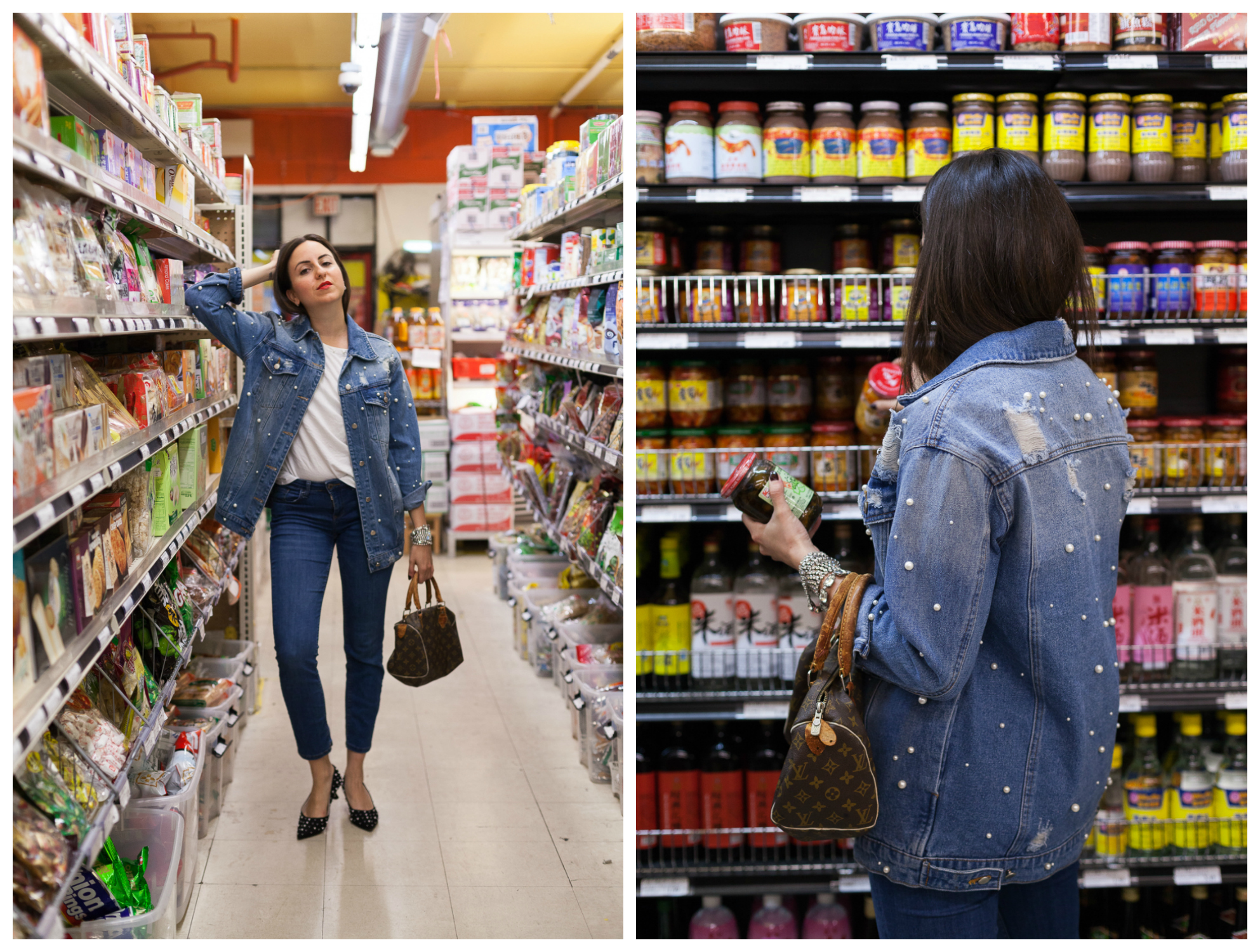 Yana Frigelis of NoMad Luxuries wearing a pearl denim jacket from TJ Maxx and the fall trend of pearl embellishments 