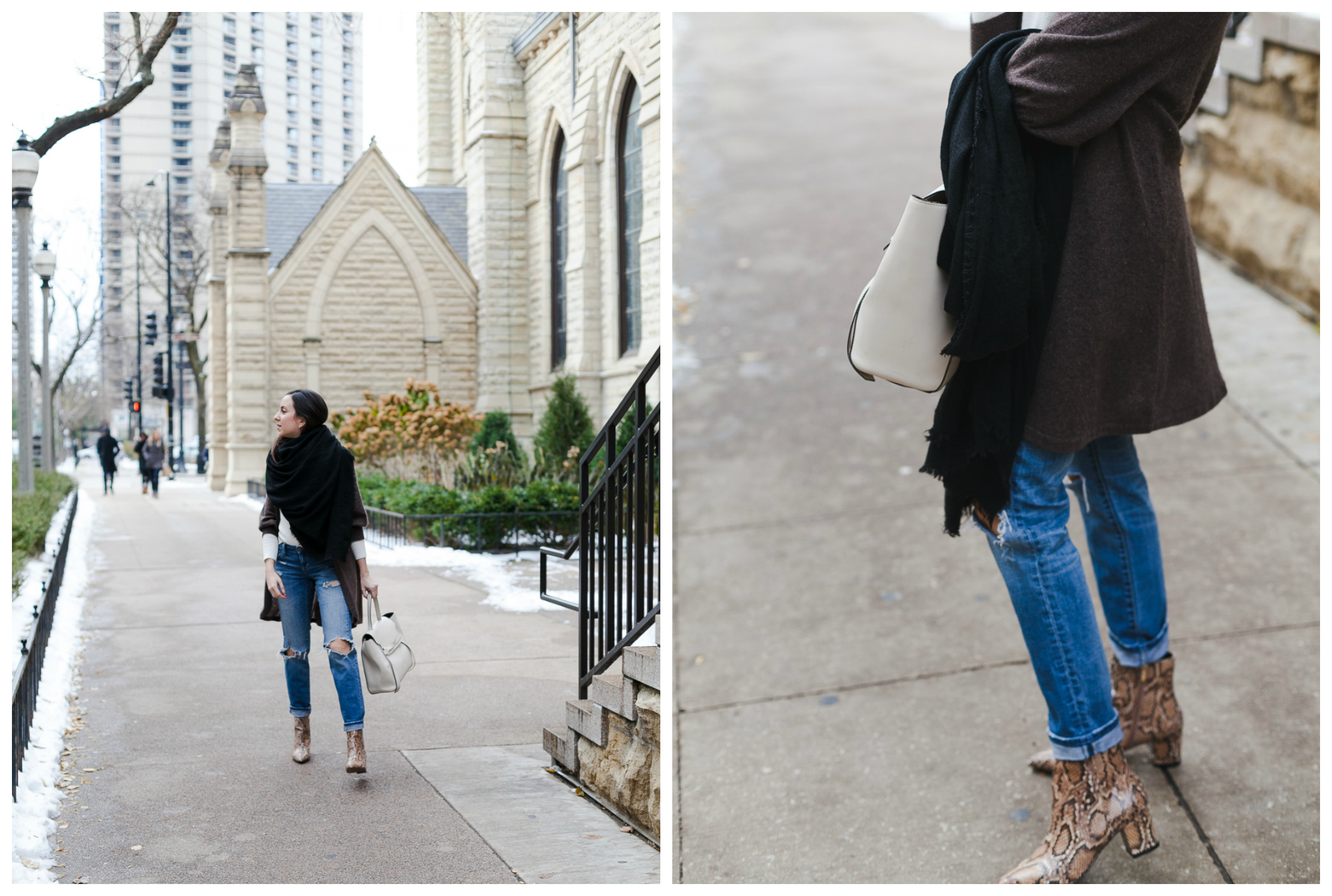 Yana Frigelis of NoMad Luxuries wearing a neutral look with ripped jeans and snake skin booties for Fall in Chicago