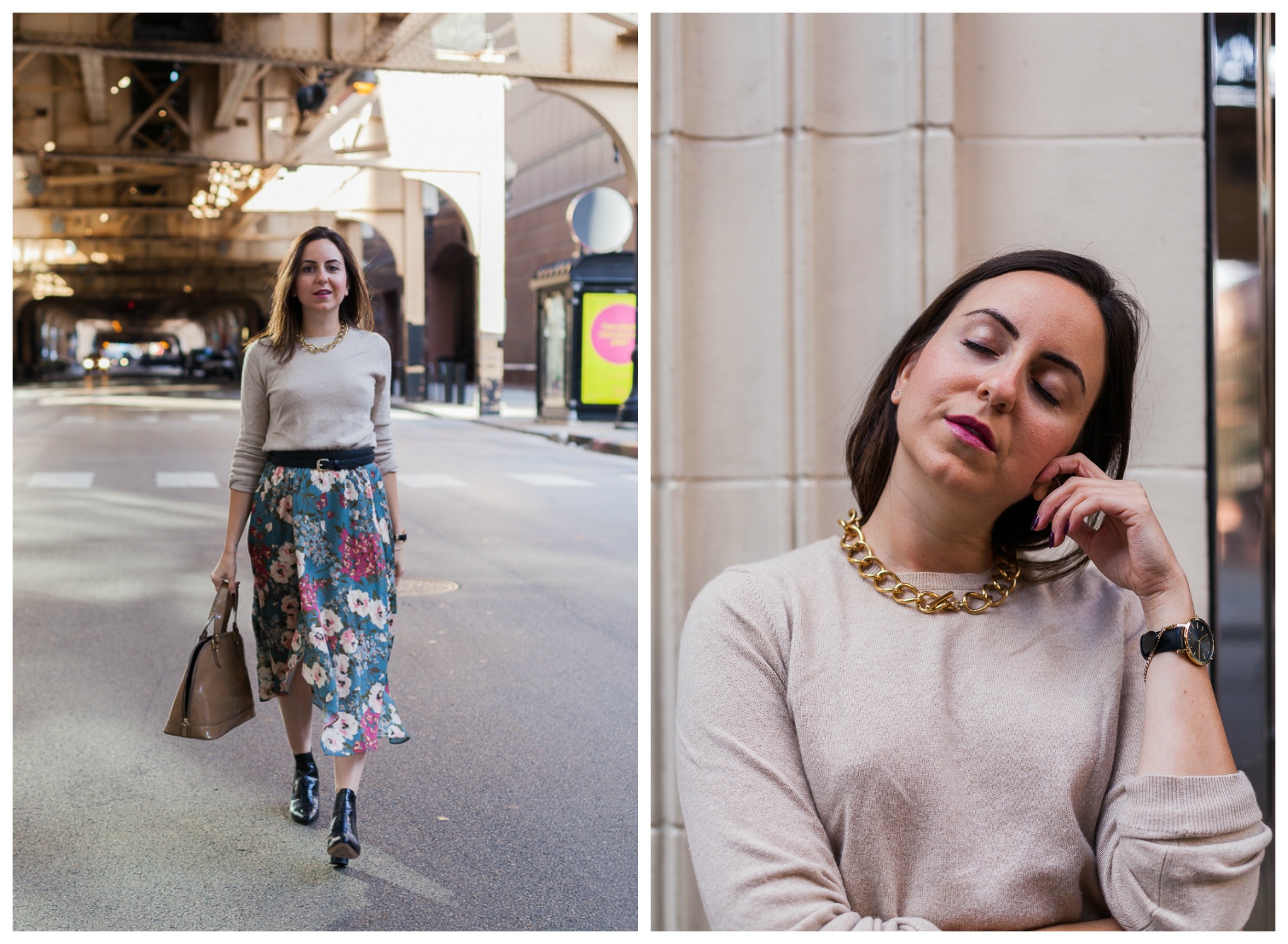 Yana Frigelis of NoMad Luxuries wearing a floral midi skirt with a neutral sweater for a Thanksgiving get together 