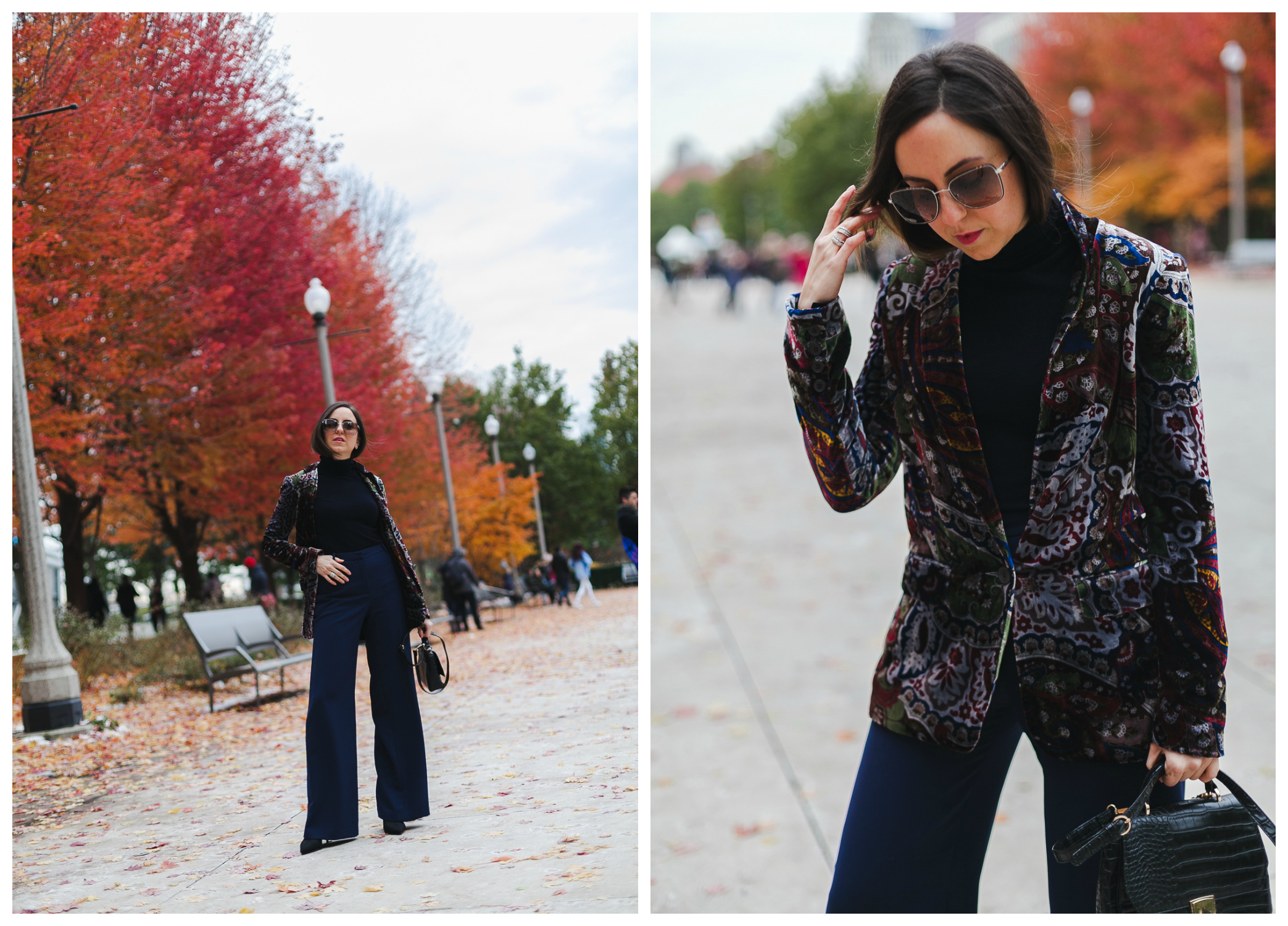 Yana Frigelis of NoMad Luxuries wearinga velvet paisley blazer, high-waisted navy pants for Thanksgiving with a 70's vibe in Chicago