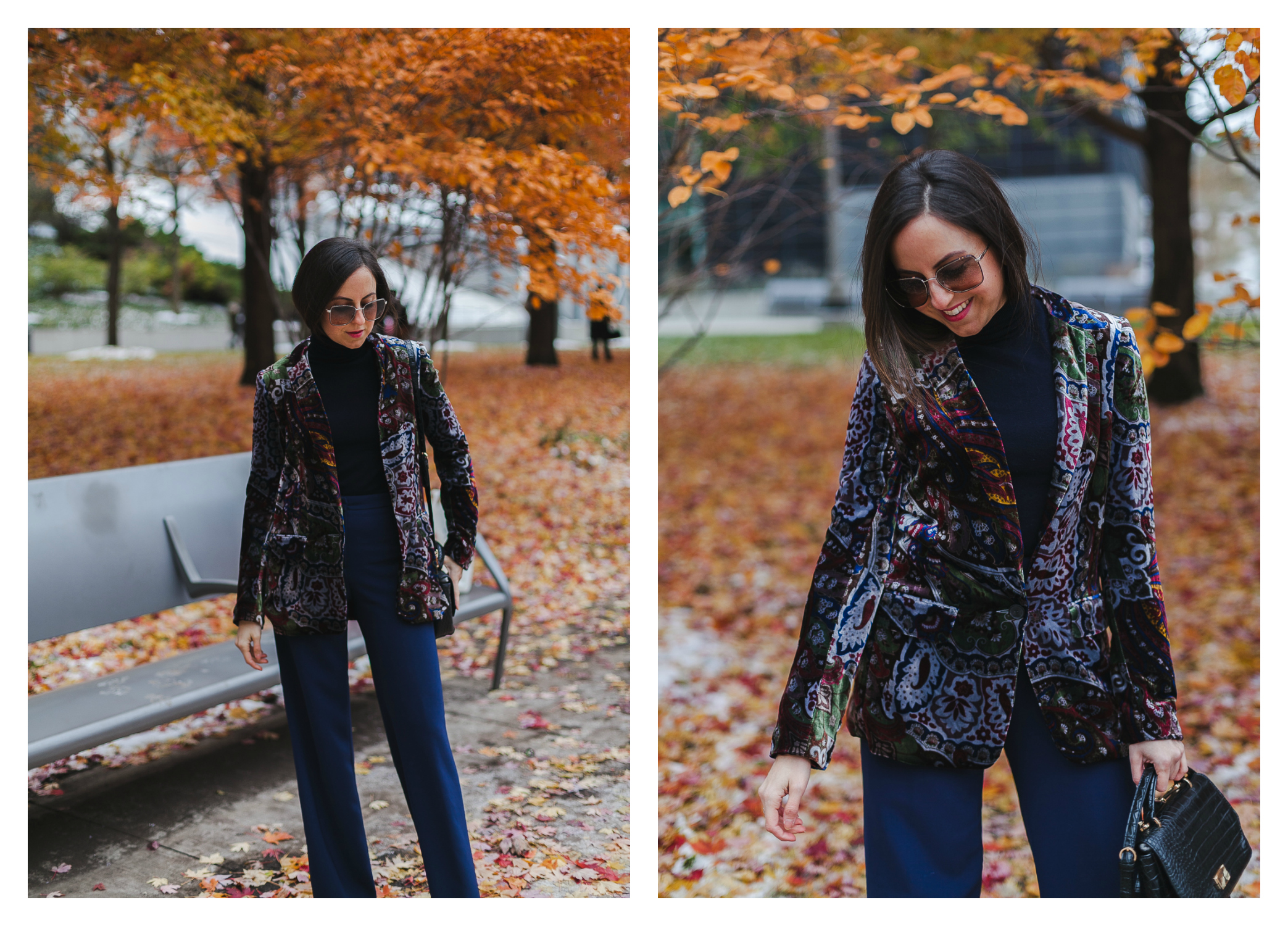 Yana Frigelis of NoMad Luxuries wearinga velvet paisley blazer, high-waisted navy pants for Thanksgiving with a 70's vibe in Chicago