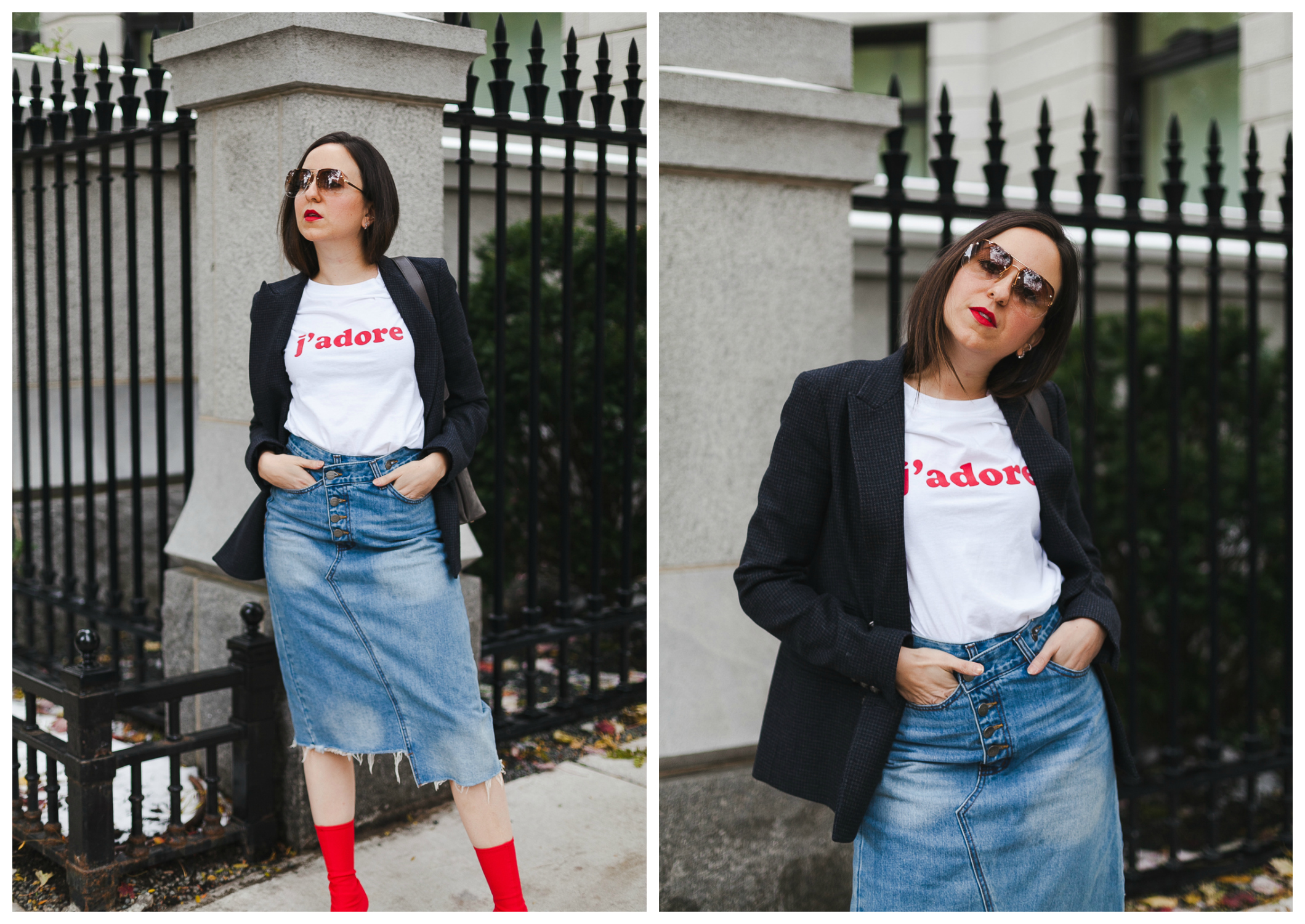 Yana Frigelis of NoMad Luxuries wearing a graphic tee under a blazer with red sock boots and a jean retro skirt for Fall