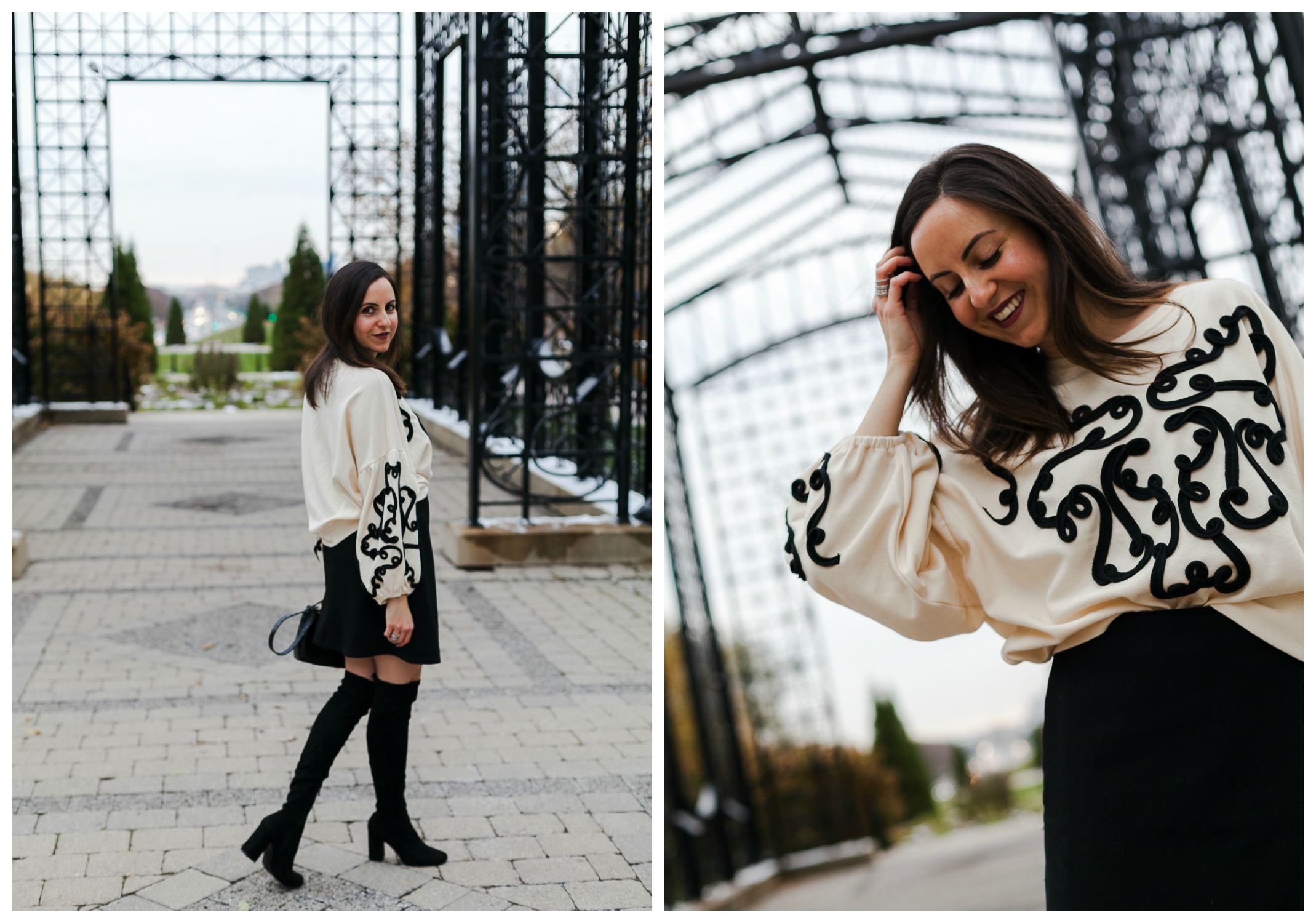 Yana Frigelis of NoMad Luxuries wearing an embroidered sweatshirt from zara and over the knee boots for a simple yet statement making outfit 