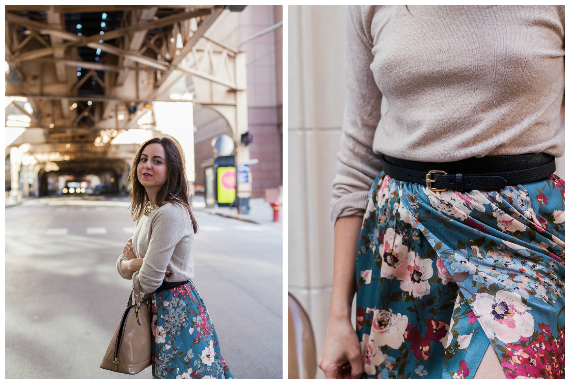Yana Frigelis of NoMad Luxuries wearing a floral midi skirt with a neutral sweater for a Thanksgiving get together 
