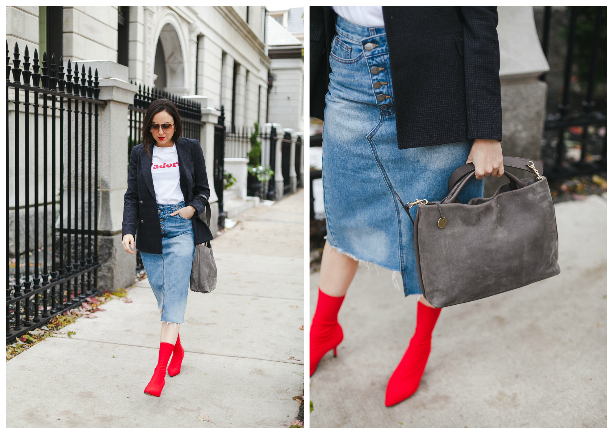 Yana Frigelis of NoMad Luxuries wearing a graphic tee under a blazer with red sock boots and a jean retro skirt for Fall