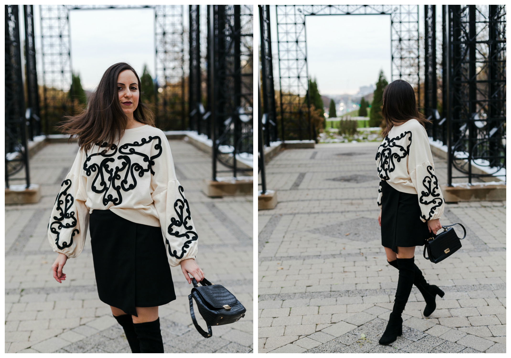 Yana Frigelis of NoMad Luxuries wearing an embroidered sweatshirt from zara and over the knee boots for a simple yet statement making outfit 
