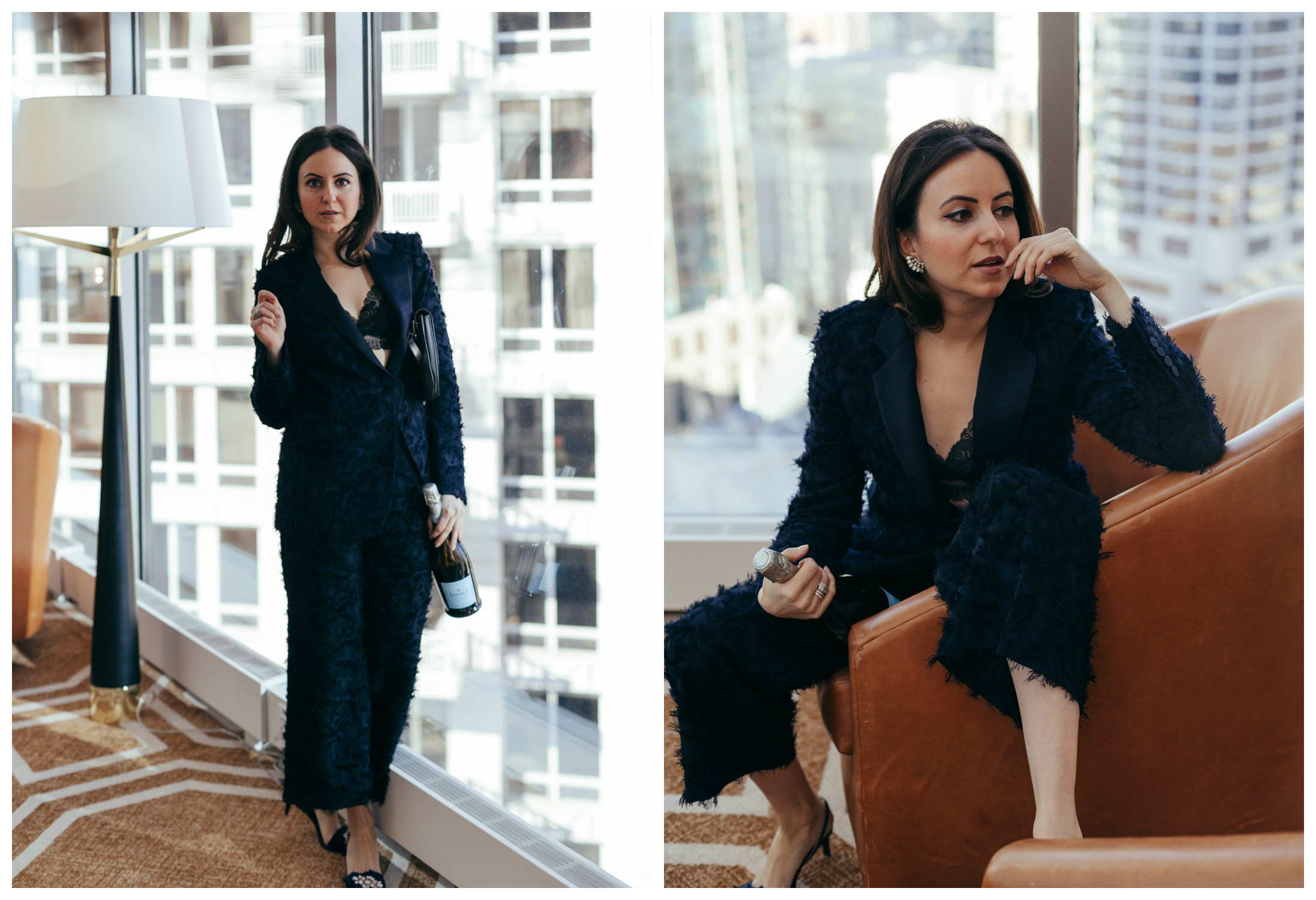 Yana Frigelis of NoMad Luxuries styles a navy blue suit for New Year's Eve Celebrations 