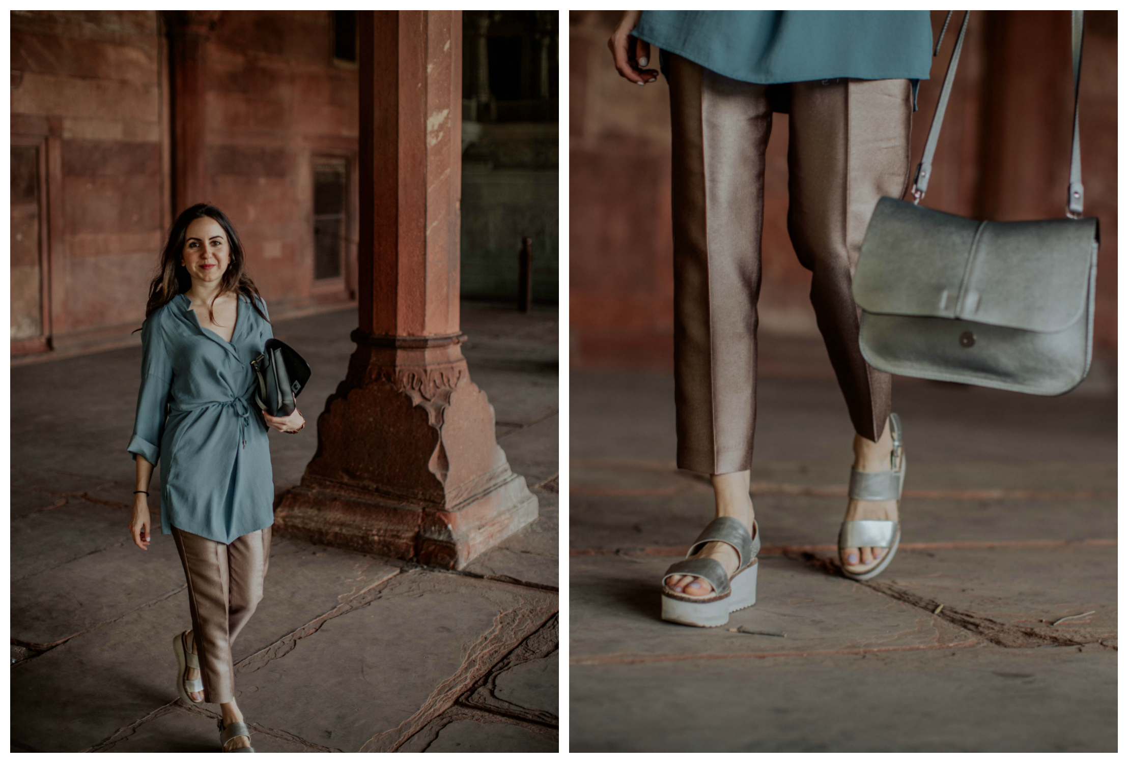 Yana Frigelis of NoMad Luxuries wearing metallic pants and a tunic in India and the lessons she learned traveling solo