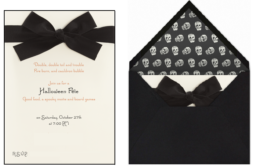 Nomad Luxuries photo collage of black and white themed spooky Halloween party invitations. 