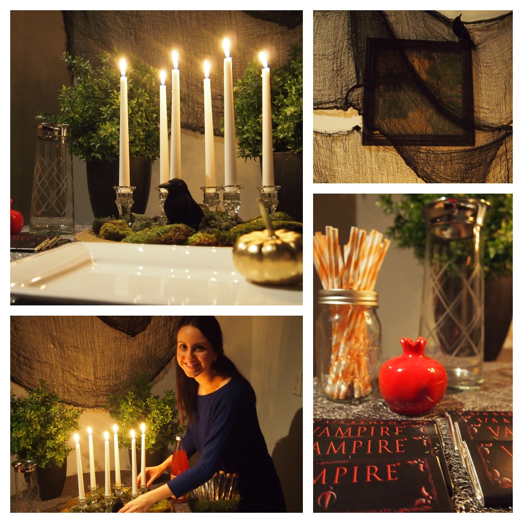 Nomad Luxuries photo collage of dining decor for halloween party. 