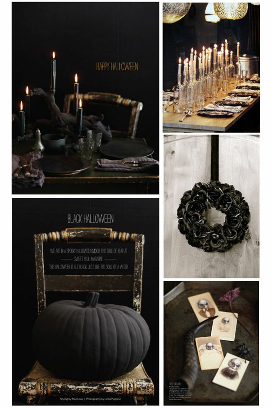 Nomad Luxuries photo collage of black chic themed Halloween decor. 
