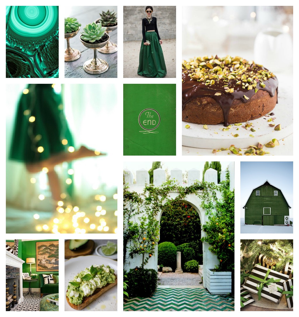 Nomad Luxuries emerald green colored mood board for the holidays.