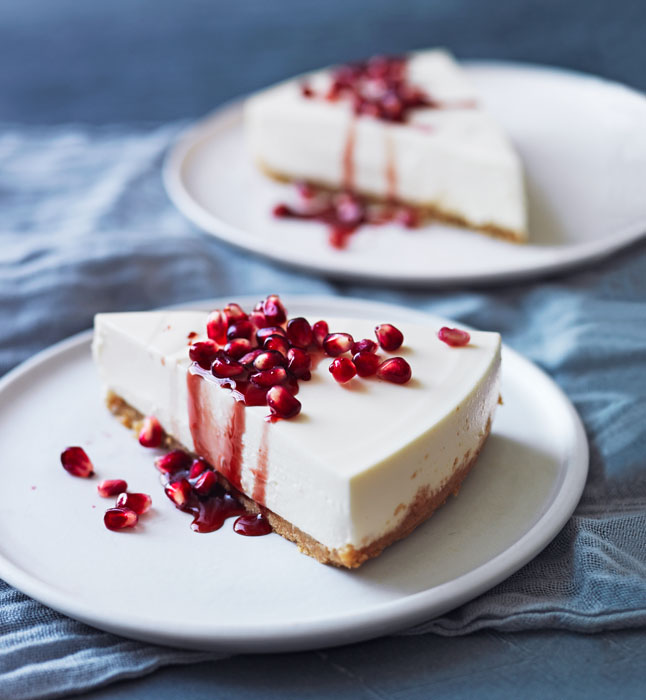 Nomad Luxuries; A greek yogurt cheese cake topped with juicy pomegranate seeds. 