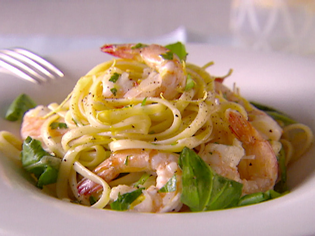 Nomad Luxuries; lemon shrimp pasta plated to be eaten right away. 