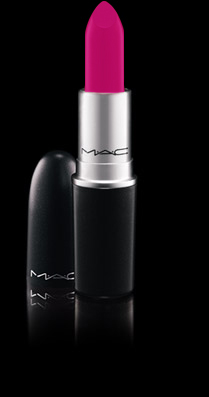 Nomad luxuries photo of mac lipstick Moxie; lip stick is a deep fuchsia pink color. 