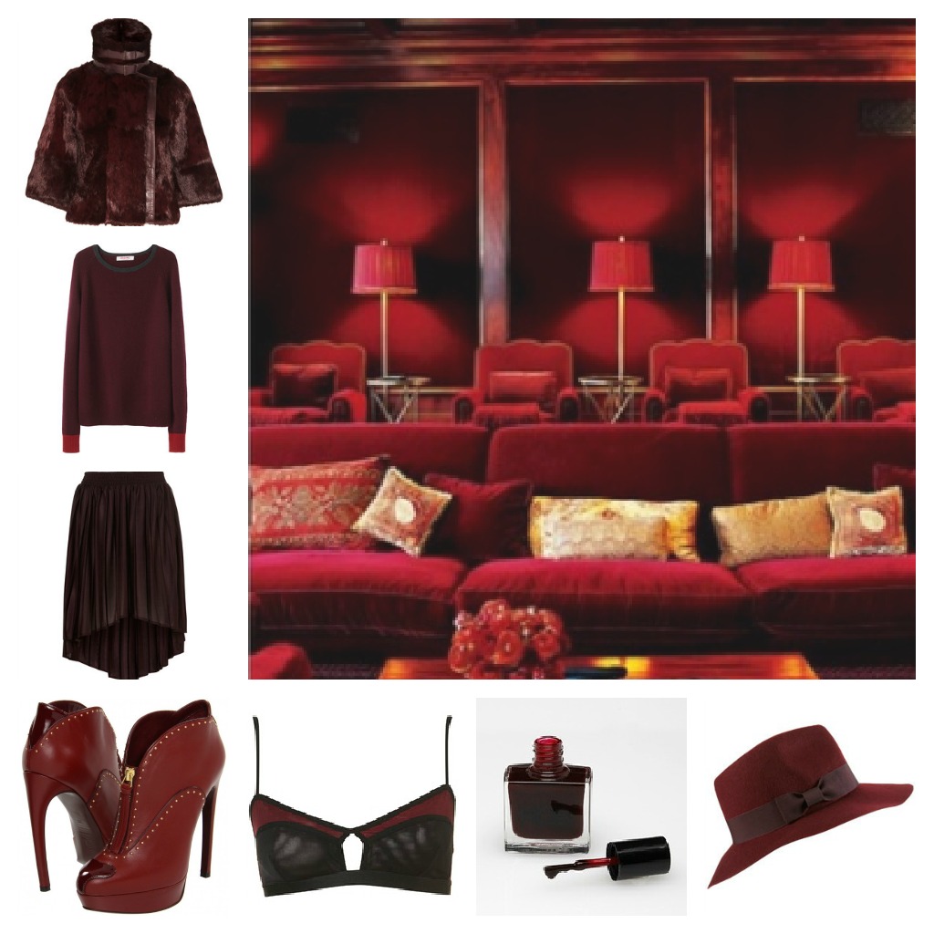 Nomad Luxuries photo collage of oxblood color schemed items from fashion to interiors. 